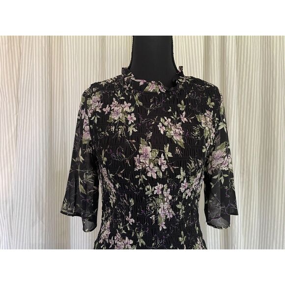 Code X Mode Ruffle Mock Neck Smocked Floral Midi Dress Feminine Boho Flowy Fairy - Picture 4 of 7